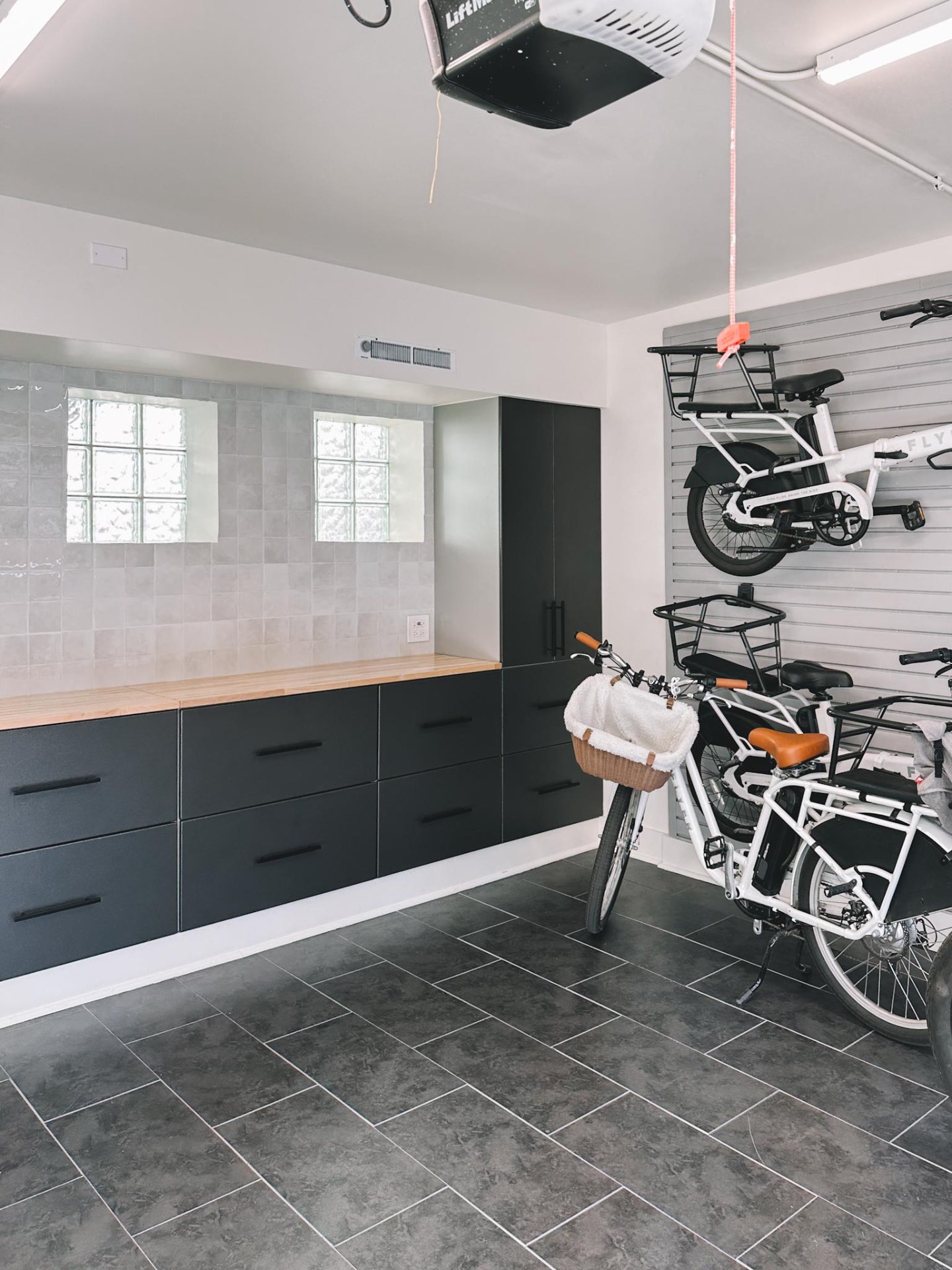 Modern garage interior with custom cabinets