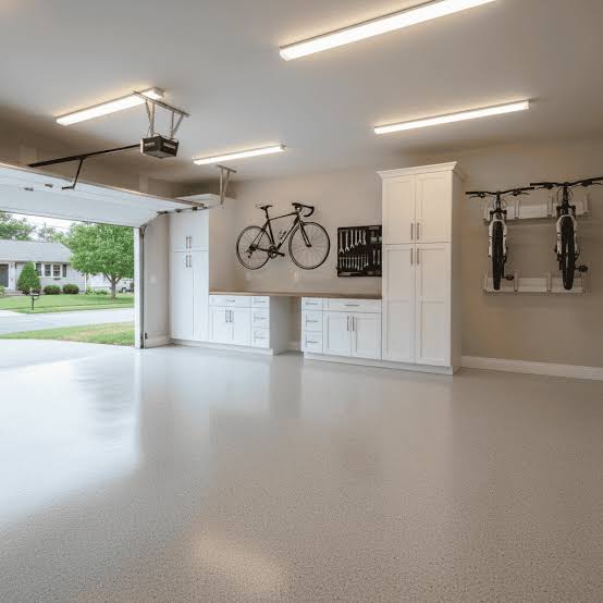 Finished garage conversion with epoxy floor and built-in storage